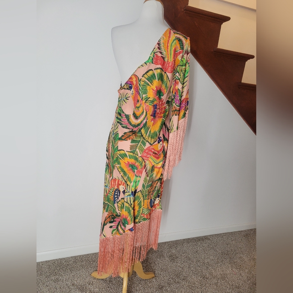 FARM Rio One-Shoulder Tropical Fringe Midi Dress - Green, Pink, Orange, Yellow - Picture 7 of 11